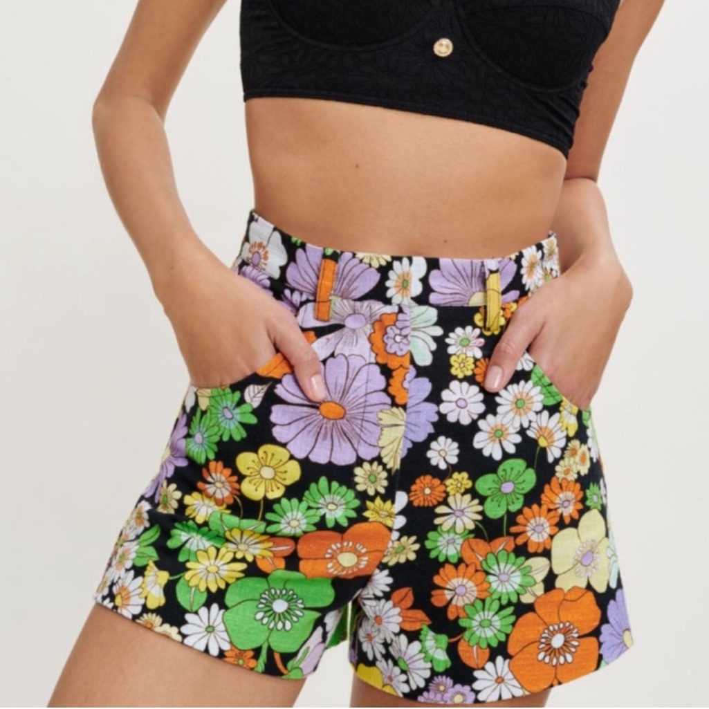 Maje Floral High Waist Shorts - Black, Green, Orange, Purple